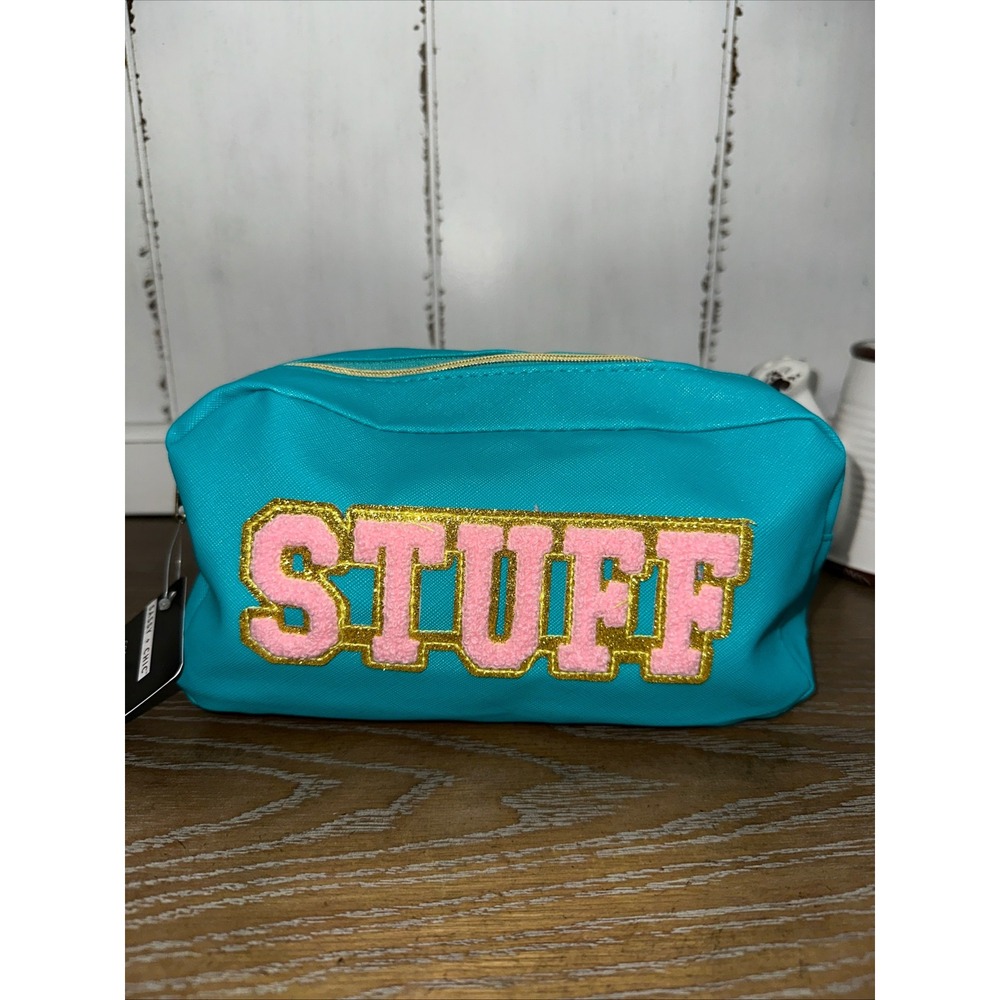 Stuff Cosmetic Bag Teal Blue Pink Chenille Patch Glitter Travel Pouch